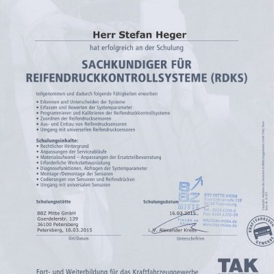 Sachkundiger für Reifendruckkontrollsysteme (RDKS)